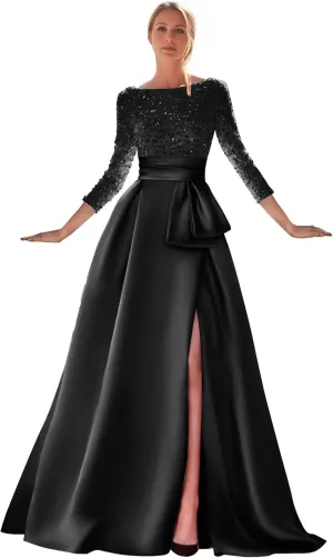zcbang Long Sleeve Formal Dresses for Women 2024 Sparkly Sequin Satin Prom Dresses with Slit Aline Ball Gown