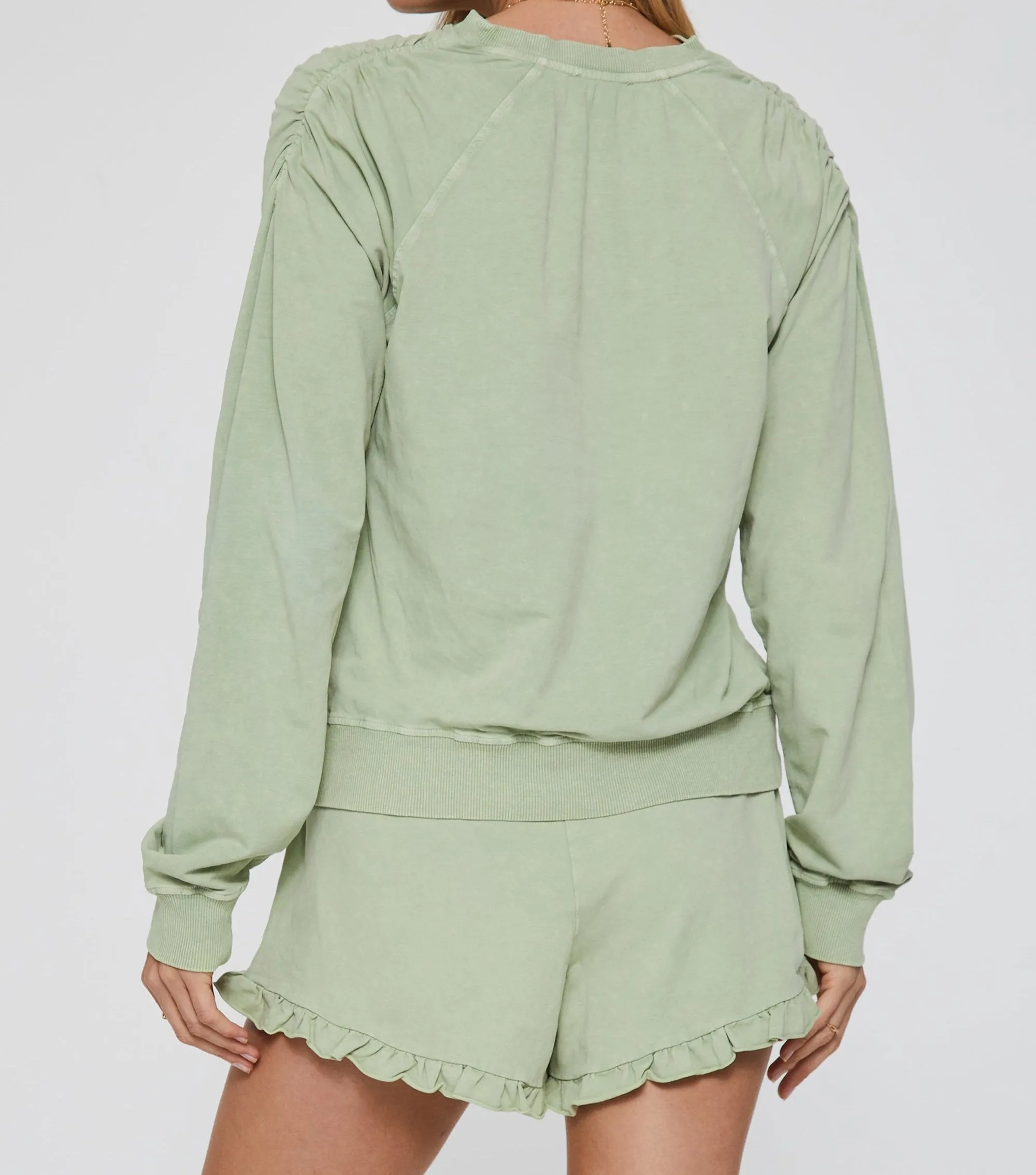 ZOLA RUCHED SHOULDER TOP PISTACHIO