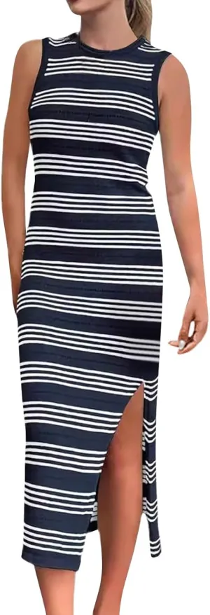 ZYXTIM Women Knit Casual Maxi Dress Side Slit Stripe Sleeveless Sundress 2024 Casual Bodycon Maxi Dresses Summer Beach Dress