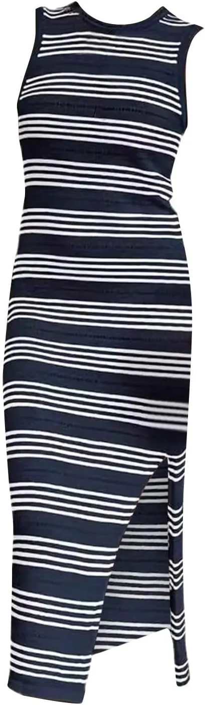 ZYXTIM Women Knit Casual Maxi Dress Side Slit Stripe Sleeveless Sundress 2024 Casual Bodycon Maxi Dresses Summer Beach Dress