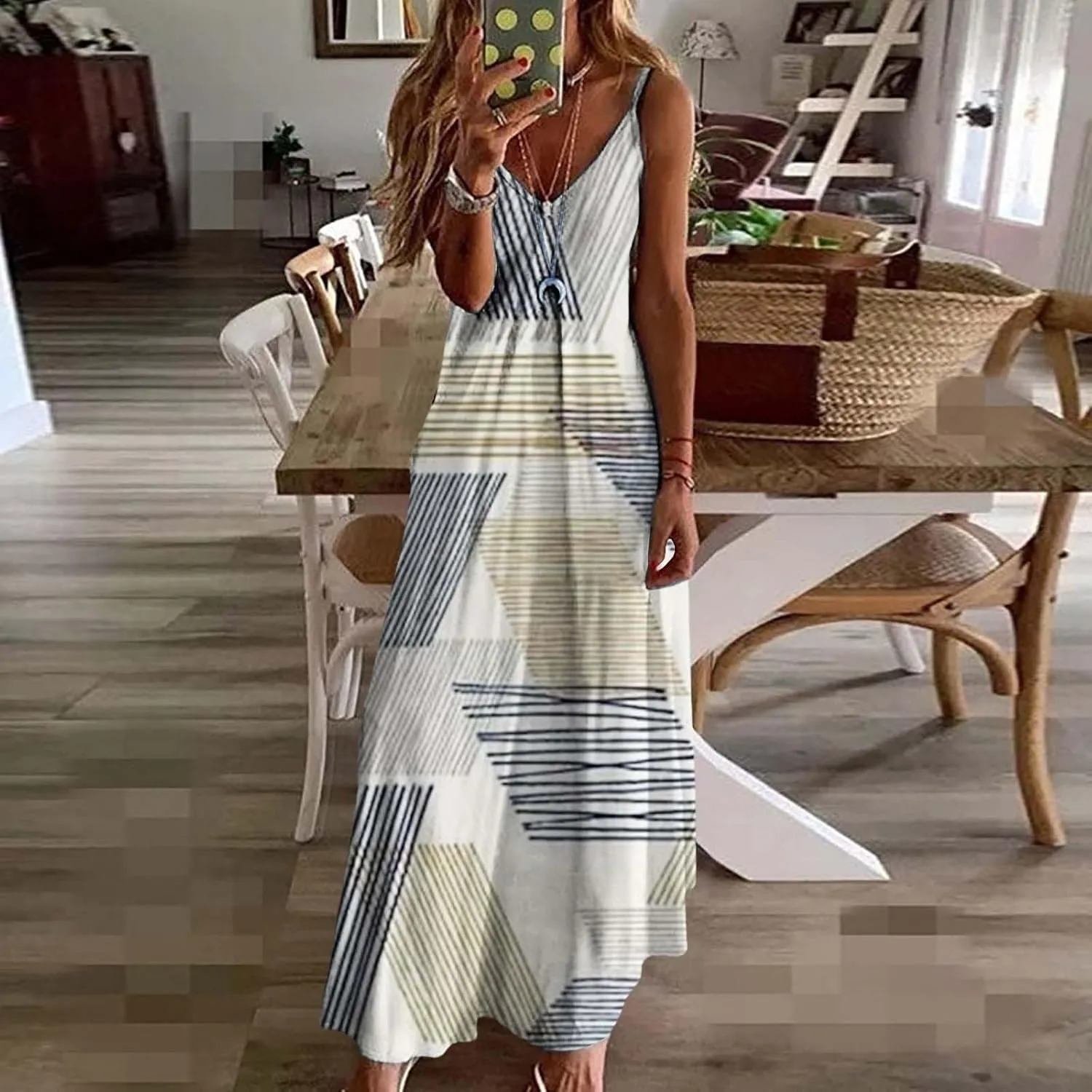 ZYXTIM Women's Summer Casual Sleeveless Beach Dress V Neck Printed Casual Loose Long Maxi Dress Holiday Flowy Swing Dress
