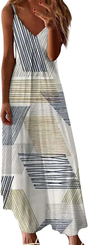 ZYXTIM Women's Summer Casual Sleeveless Beach Dress V Neck Printed Casual Loose Long Maxi Dress Holiday Flowy Swing Dress